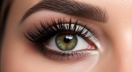 Obraz premium Close-up of a Beautiful Green Eye with Long Eyelashes and Defined Eyebrows
