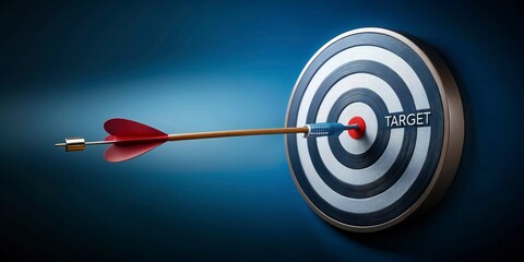 A simple yet striking target with an arrow perfectly hitting the center on a solid dark blue background. Symbolizes precision, goal-setting, and achievement. Copy space