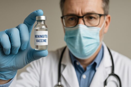 Healthcare Professional Holding Meningitis Vaccine Vial, Emphasizing Importance of Immunization and Public Health in a Clinical Setting