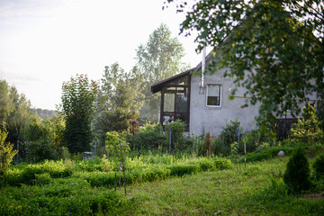Country house with a terrace overlooking a green summer courtyard with trees. High quality photo