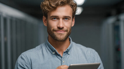 Portrait of A Man with Tablet : A handsome, light-haired man with a confident smile stands holding a tablet, exuding an aura of professionalism.