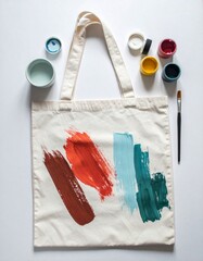 Painted Canvas Tote Bag with Brown Blue Green Strokes on White Surface
