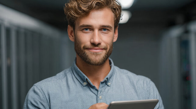 Portrait of A Man with Tablet : A handsome, light-haired man with a confident smile stands holding a tablet, exuding an aura of professionalism.