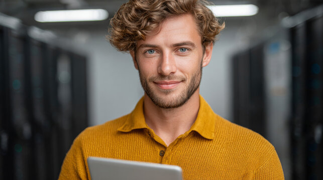 Tech Pro in Server Room: A confident, well-groomed individual, clutching a tablet, stands within a sleek server room, projecting expertise and technological prowess. 