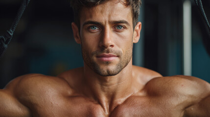 Intensity: A focused and determined individual showcases robust physique, with focused eyes, personifying health and drive within a gym environment.