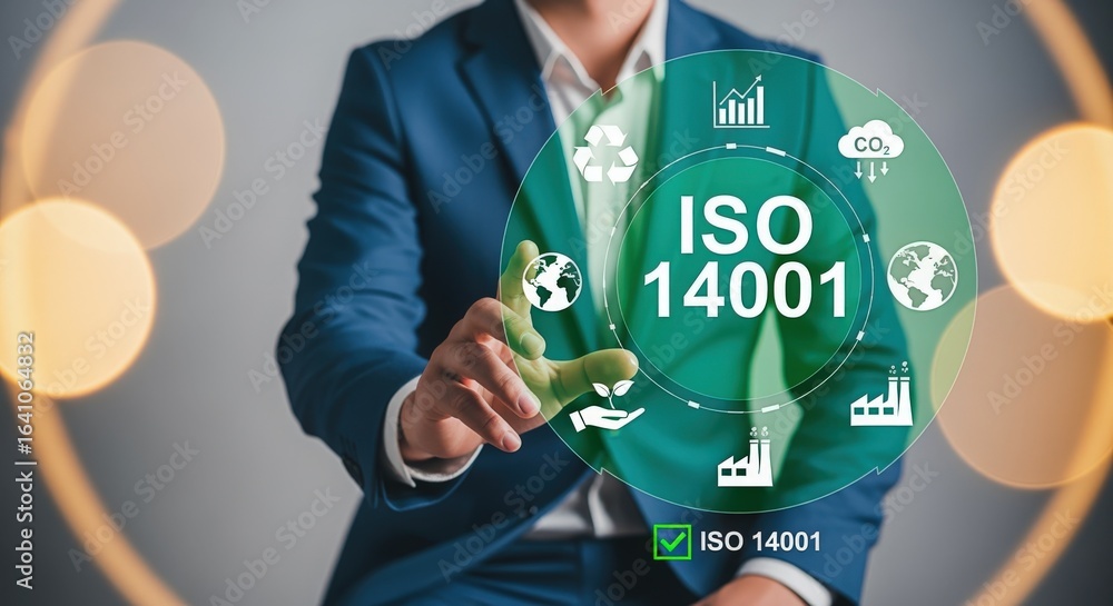Poster iso 14001 certification concept: man pointing to environmental management system standard icons on a