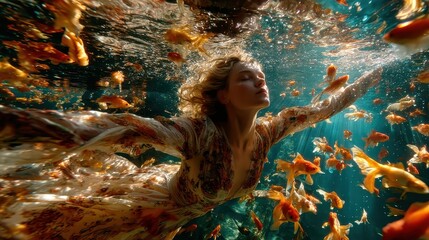 Ethereal Woman Swimming Gracefully Among Golden Fish in Enchanting Underwater Scene Captured in Stunning Light and Vibrant Colors
