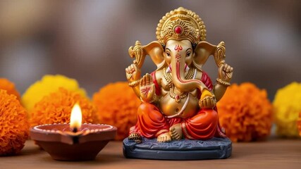 Hindu god Ganesh statue with traditional oil lamp and marigold flowers. Religious concept for Ganesh Chaturthi, Navratri, Durga Puja, Sankashti Chaturthi, Vinayaka Chavithi, ... See More