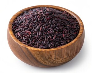 Illustration of black rice in a wooden bowl isolated on white background