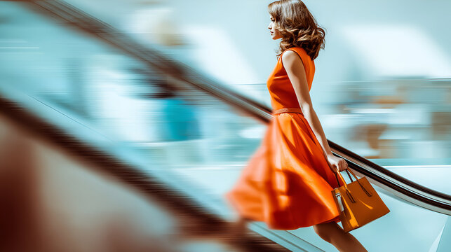Stylish Woman in Vibrant Orange Dress Riding Escalator Motion Blur, motion blur Business concept, motion bokeh background