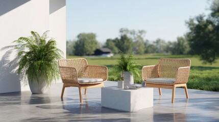 Obraz premium Modern patio with wicker chairs, table, and plants overlooking a