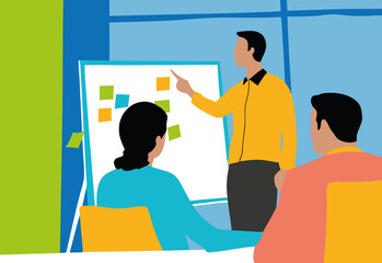 A diverse team engages in a collaborative meeting in a vibrant office. One individual in a yellow shirt presents ideas on a board covered with colorful sticky notes