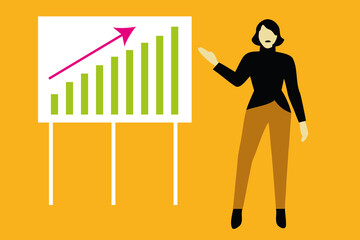 A businesswoman stands confidently beside a chart displaying an upward trend in green bars against a bright yellow background. She gestures as if explaining the data