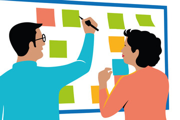 Two individuals engage in a brainstorming session, writing on colorful sticky notes attached to a board. They focus on creativity and collaboration in a modern workspace