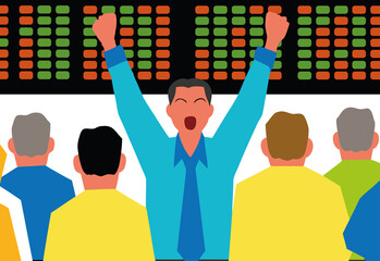 People with diverse backgrounds celebrate a successful stock market trading session. The excitement is palpable as one individual raises their arms in triumph, surrounded by others in colorful attire