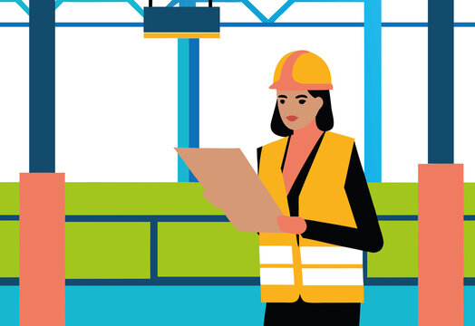 A woman wearing a hard hat and safety vest, examines plans while standing in a vibrant construction site filled with equipment