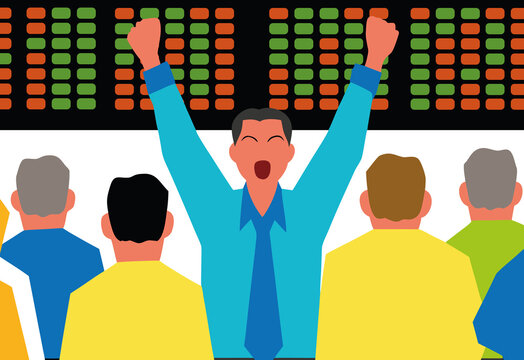 People with diverse backgrounds celebrate a successful stock market trading session. The excitement is palpable as one individual raises their arms in triumph, surrounded by others in colorful attire