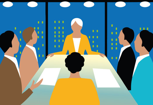 A group of professionals from different ethnic backgrounds gather around a table in an office, engaging in discussion as they strategize. The city skyline is visible through large windows
