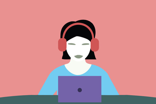 A young woman with dark hair sits at a desk, wearing headphones, and is deeply engaged with her laptop. The background features a bright pink wall, creating a lively atmosphere