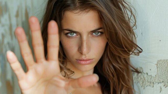 Young woman showing stop sign with hand