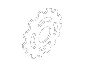 Precision Wireframe Gear Technical Drawing. Minimalist Monochrome Outline Illustration of Mechanical Cogwheel for Engineering, Industrial Design and Future Technology Concepts on White Background.