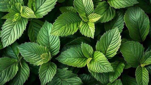 Close-up shot of fresh vibrant green mint leaves creating a visually rich and organic texture, suitable for cooking and medicinal purposes.