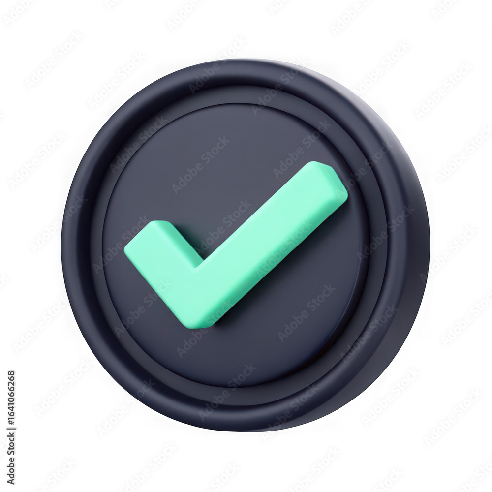 Poster a 3d rendered light blue check mark symbol inside a dark circular button isolated on transparent bac