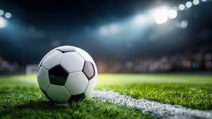 Fototapeta premium Soccer Ball on Field at Night, Stadium Background, Professional Sports Competition, Championship Game