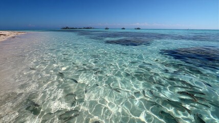 Obraz premium Gentle waves lap the shore as fish swim in the sandy bottom under bright sunlight.