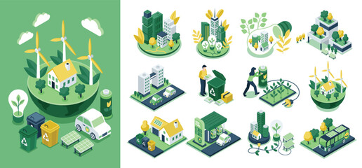 Modern Architecture with Green and Clean Energy Original Isometric Element Collection