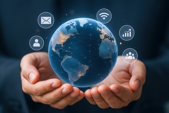 Global Networking Concept: Businessman Holding Digital Earth with Communication Icons, Illustrating International Connectivity and Modern Technology