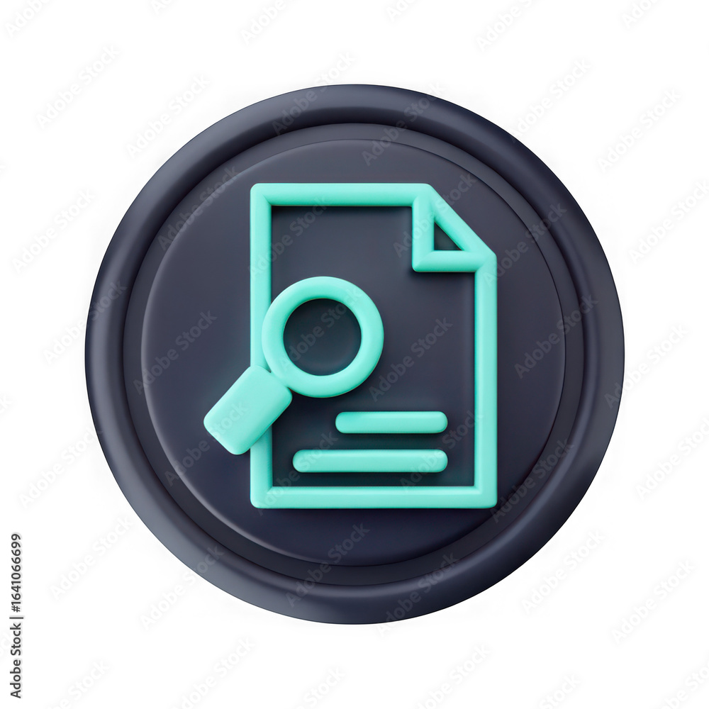 Poster 3d icon representing document search and analysis with a magnifying glass over a paper document isol