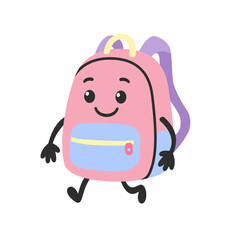 Cute cartoon backpack character, flat vector illustration