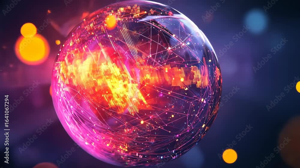 Poster futuristic digital globe visualization with glowing city grid, connected networks, and abstract geom