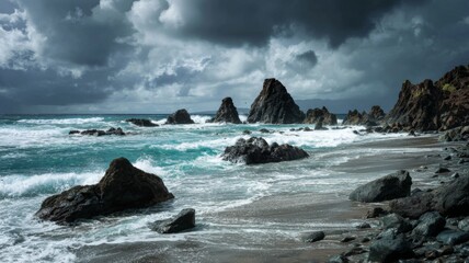 Waves surge onto a rocky beach under dark, brooding clouds, creating a dramatic coastal atmosphere.