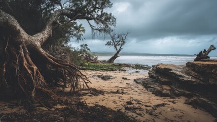 Twisted trees stand firm by the shore at low tide, exposing the rocky coast beneath.