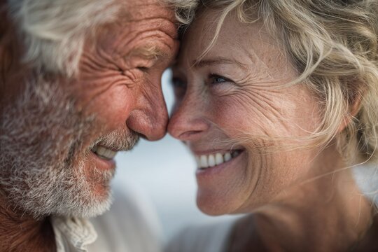 Close-up of happy senior couple touching noses and smiling