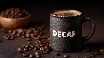 A mug of decaf coffee on a dark brown background, with "decaf" written on the mug. Concept: healthy lifestyle and caffeine-free drinks, alternatives to classic coffee.