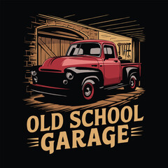 Vintage retro red pickup truck in classic wooden old school garage automotive repair service t shirt design illustration © Vectyx