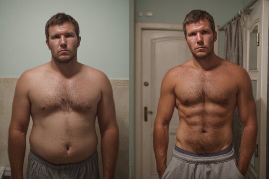 Before and after comparison of a man showing his weight loss progress after following a diet and fitness regime