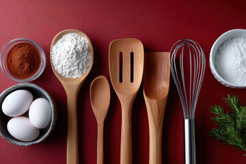 Baking ingredients and utensils arranged on red background