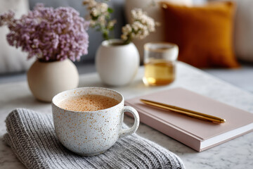 Cozy home interior with coffee cup, notebook and flowers on marble table