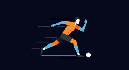 Dynamic soccer player in motion kicking ball, vibrant sports action, modern design, winning goal