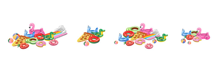Cartoon inflatable toys. Colorful swimming rings and mattress, rubber water summer pool funny swimming accessories, flamingo, pizza and ball, watermelon and donut, vector flat isolated gradient set