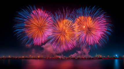 Obraz premium Chromatic Explosions: A dazzling display of pyrotechnics illuminates the night sky, their vibrant colors reflected in the calm waters below. A celebration of light and artistry.
