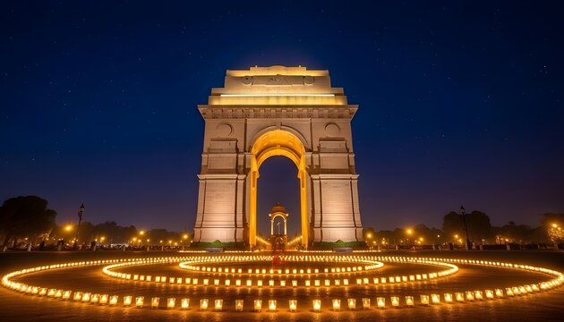 A dramatic wide angle image of India Gate fully lit during Independence Day night, with small candles placed in a circle around it, deep blue sky and stars above.