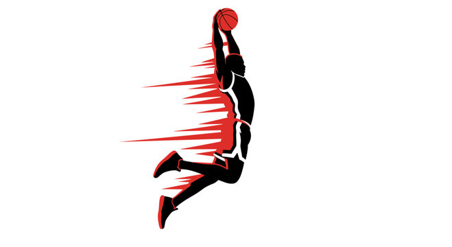 Dynamic basketball player silhouette soaring through the air with a powerful slam dunk action