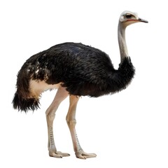 白い背景の黒い羽毛と長い首を持つ詳細なダチョウのポートレート