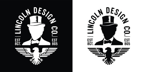 Vintage Lincoln silhouette with top hat and eagle emblem patriotic badge logo t shirt design in black and white