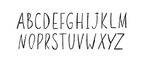 Doodle font. Scribble alphabet, hand drawn typescript. Wax crayon abc handwriting letters. English abstract text. Primitive design. Vector cartoon flat style isolated illustration